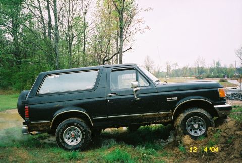 1988 Ford Bronco - A black Ford Bronco is stuck in the mud off-road, with trees in the background.