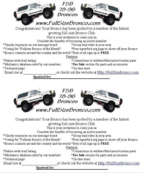 1986 Ford Bronco - Flyer promoting the FullSizeBronco.com club, club benefits and contact information.