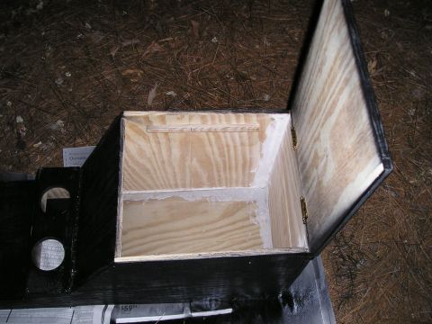 1996 Ford Bronco - A custom center console, likely for a vehicle, is shown with its lid open, revealing a wooden interior.