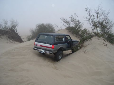 1989 Ford Bronco - This two-tone Ford Bronco navigates sandy terrain, kicking up dust as it goes.