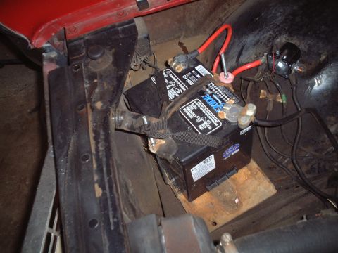 1967 Ford Galaxie - Rusted battery tray and jerry-rigged battery mount.
