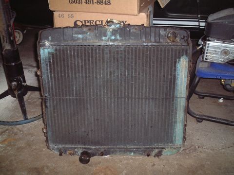 1967 Ford Galaxie - Radiator removed -- looks like it'll need to be plugged or replaced (notice the corroded fins in green).