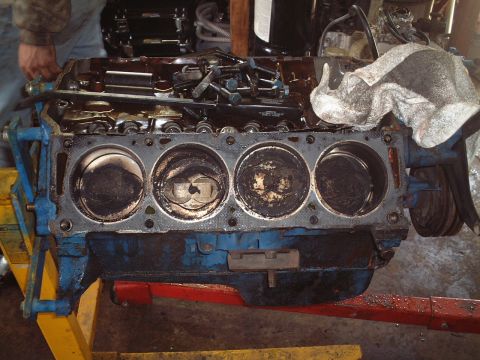 1967 Ford Galaxie - Block after removal of heads. Notice buildup of burned oil and the remainder of the head gasket.