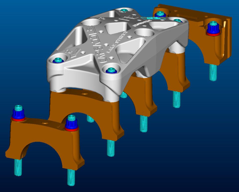 CAD rendering of a Cascade main-bearing girdle plate mounted over five engine main caps with studs