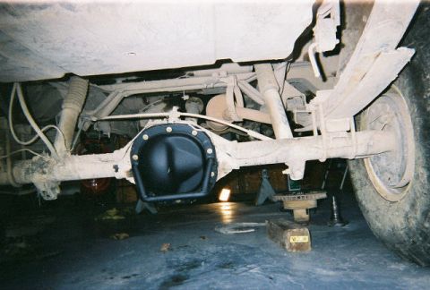 1983 Ford Bronco - Underside view of a vehicle's rear axle, differential, and suspension system.