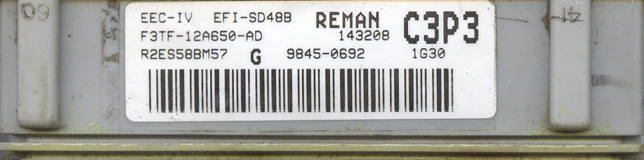Label on remanufactured Ford EEC-IV ECU showing part number F3TF-12A650-AD and code C3P3
