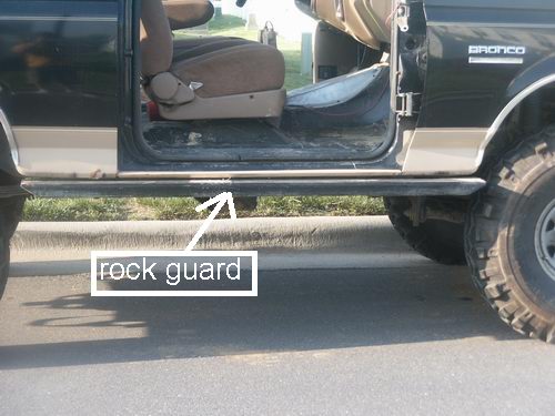 Open door of dark Ford Bronco showing black rock guard on rocker panel and tan seats