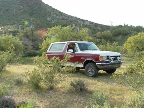 1990 Ford Bronco - A two-tone red and white 1990 Ford Bronco is parked in a dry, grassy area with cacti and scrub brush in the background.