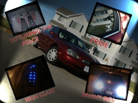 1998 Mercury Sable - A red sedan is shown with various close-up shots of its features and a sticker on the rear window.