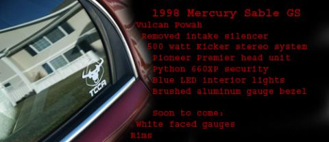 1998 Mercury Sable - A 1998 Mercury Sable GS is shown with various aftermarket parts and modifications listed on the right side of the image.