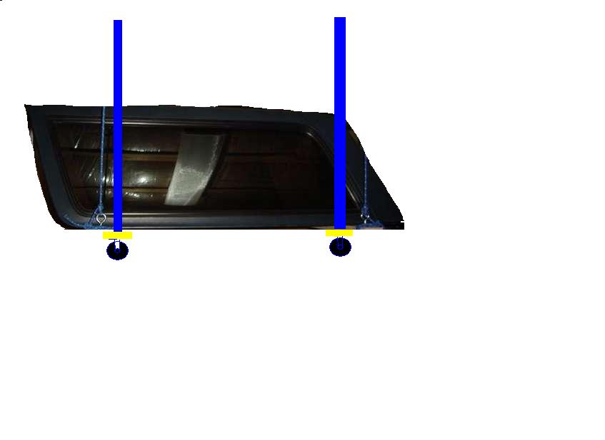 Dark tinted quarter window glass with black trim and blue overlay lines