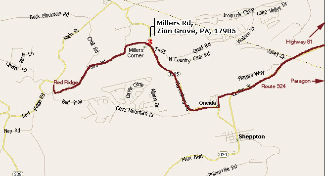 Map showing roads and locations including Millers Rd, Zion Grove, PA, 17985 and Route 924
