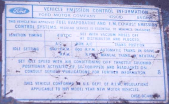 Ford vehicle emission control information decal for a 429 CID engine, 4° BTDC timing