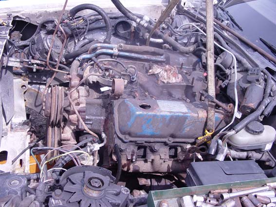 Top-down view of a partially disassembled V8 engine with blue valve cover in a car's engine bay.