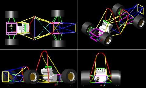 1985 Ford LTD Crown Victoria - Multi-view 3D CAD model of a tube-frame chassis shown from top, front, side, and perspective angles.