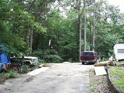 1988 Ford C-350 (Centurion Conversions) - Two older model Ford trucks and a trailer are parked in a yard surrounded by trees.