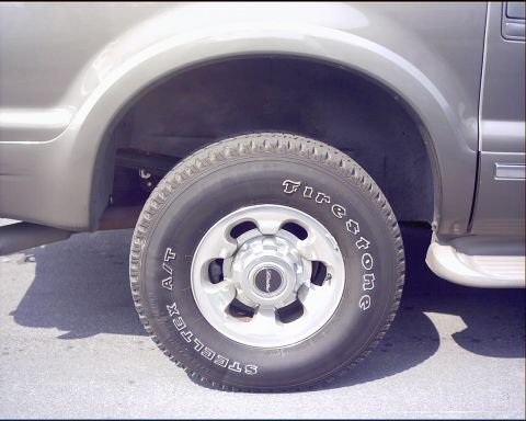 2003 Ford Excursion - Close-up of a gray SUV's wheel and fender, showing the tire and hubcap.