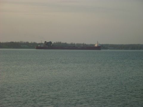 1992 Ford Bronco - Large cargo ship moving across the water under a cloudy sky.