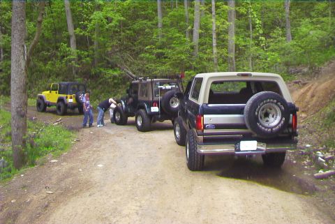 1995 Ford Bronco - A Ford Bronco and two Jeeps are parked on a dirt road in a wooded area.