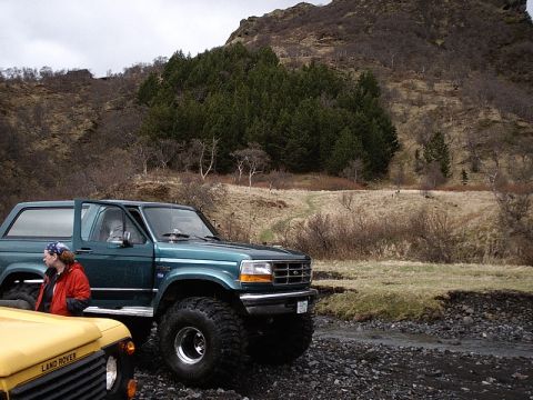 1996 Ford Bronco - A green 1995 Ford Bronco sits off-road next to a yellow Land Rover, with a wooded hillside in the background.