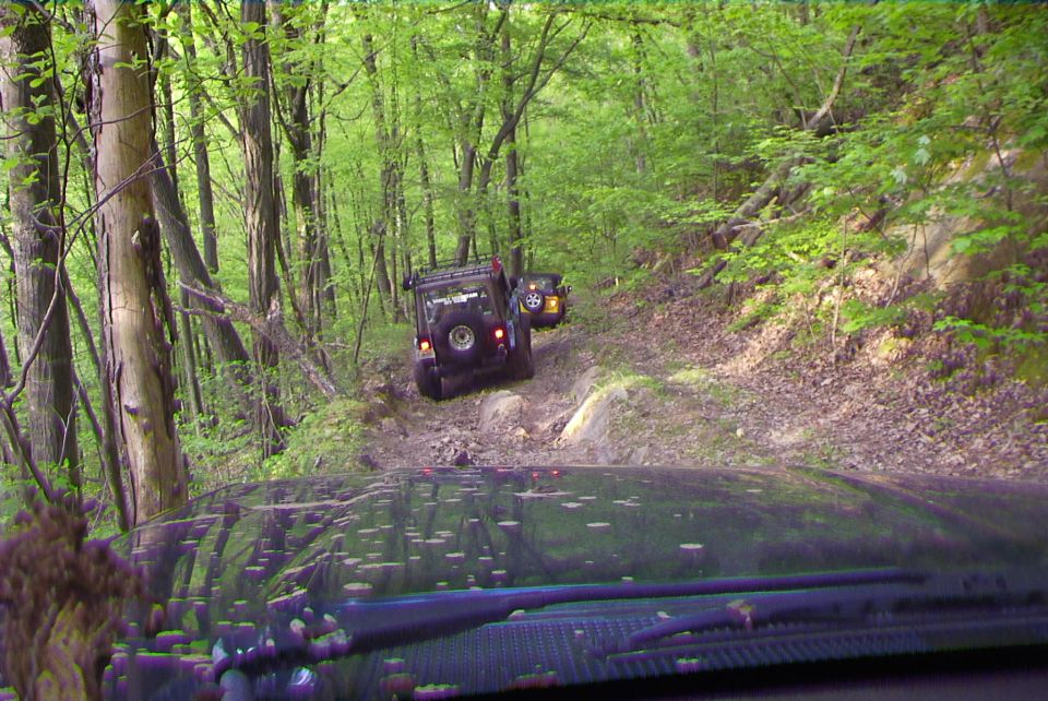 Two SUVs driving on a wooded trail. The front vehicle's dashboard is visible