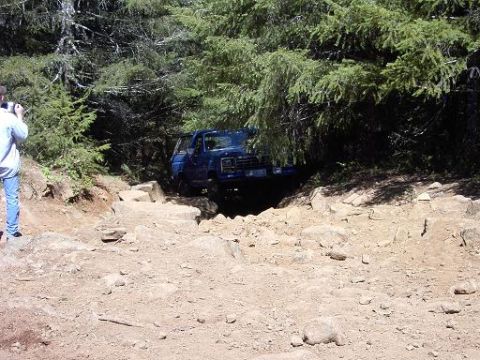 1980 Ford Bronco - A blue 1980 Ford Bronco navigates a challenging rocky trail surrounded by trees.