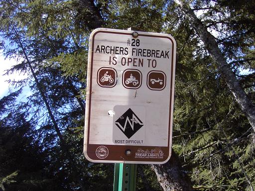 Trail sign #28 Archers Firebreak marked most difficult, open to motorcycles, ATVs and 4x4s