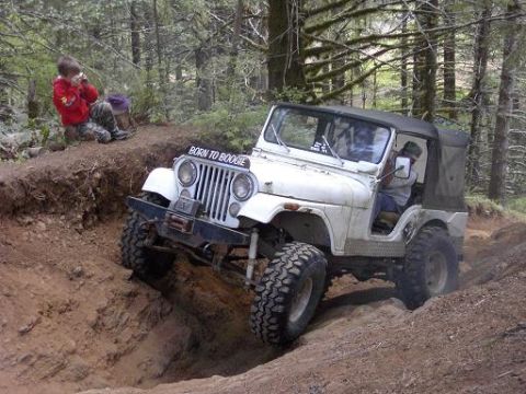 1980 Ford Bronco - A white Jeep CJ-5 navigates a steep dirt trail in a wooded area, with two children observing from the side.