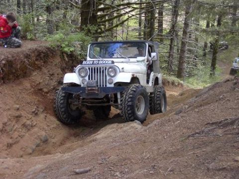 1980 Ford Bronco - A white off-road jeep with 'BORN TO BOOGIE' on its windshield drives on a dirt trail in a wooded area.