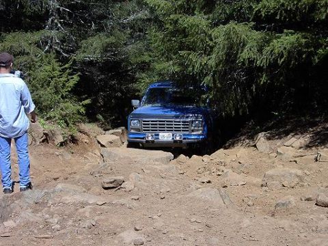 1980 Ford Bronco - A blue 1980 Ford Bronco navigates a challenging, rocky path surrounded by trees.
