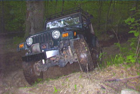 1995 Ford Bronco - Jeep Wrangler navigating a muddy path through a wooded area, equipped for off-road adventure.