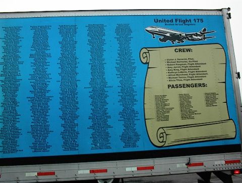 1997 Ford Expedition - A truck displays a list of names for United Flight 175, including crew and passengers, along with an illustration of a Boeing 767.