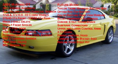 2002 Ford Mustang - This yellow coupe features Cobra wheels and a Mach 1 spoiler, with numerous other custom modifications listed.