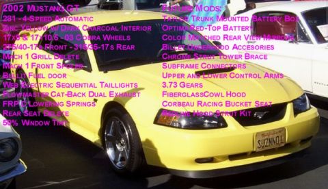 2002 Ford Mustang - A yellow 2002 Ford Mustang GT is shown with a list of its modifications.