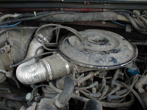 1983 Ford Bronco - A dusty, aged engine bay showing a round black air-cleaner housing, a flexible metal air intake duct clamped to the throttle body, and tang…