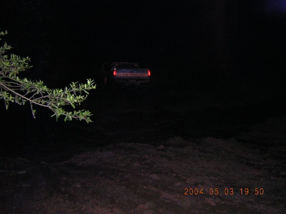 Dark scene with a 1984 Chevrolet pickup truck's rear visible, taillights illuminated
