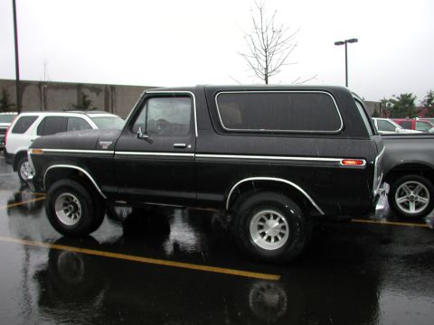 1979 Ford Bronco - A black 1979 Ford Bronco is parked on a wet asphalt lot, showing its side profile with chrome accents.