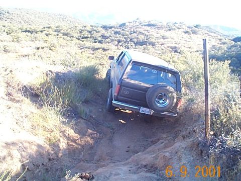 1981 Ford Bronco - Rear three-quarter view of a black square-body Ford Bronco with a white roof descending a steep, deeply rutted dirt trail on a brushy hills…