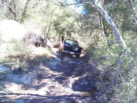 1981 Ford Bronco - Rear view of a black topless full-size Bronco with a rear-mounted spare tire working up a rutted dirt and rock climb on a wooded trail. Sun…