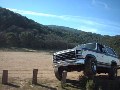1981 Ford Bronco - Blue-and-white two-tone full-size Bronco with a white removable hardtop parked with its front wheels up on a dirt berm at the edge of a gra…