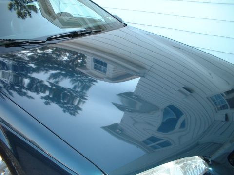1996 Ford Thunderbird - The glossy hood of a car reflects a house and surrounding trees.