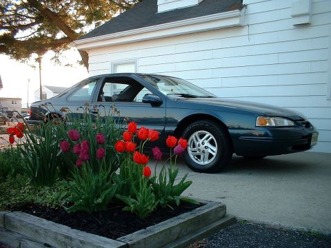 1996 Ford Thunderbird - A dark blue coupe is parked in front of a white house, with a flower bed in the foreground.