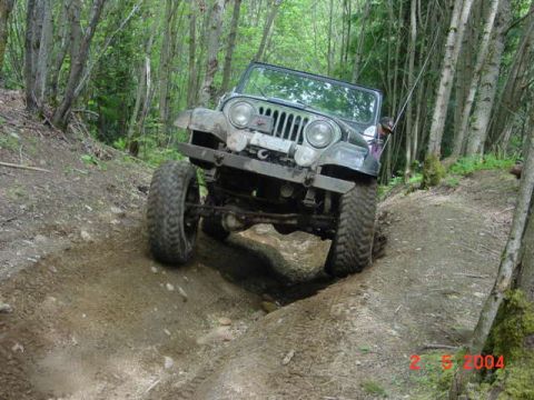 1992 Ford F-150 - A Jeep CJ-7 navigates a challenging off-road trail surrounded by trees.