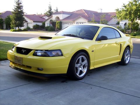 2002 Ford Mustang - This yellow 2002 Ford Mustang coupe is parked on a driveway.