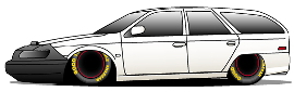 1998 Ford Taurus - A side profile of a white 1998 Ford Taurus station wagon with a lowered stance and custom wheels.