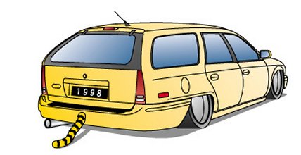 1998 Ford Taurus - This cartoon depicts a yellow station wagon with a tiger tail exhaust pipe and a "1998" plate.