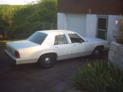 1991 Ford LTD Crown Victoria - This 1991 Ford Crown Victoria sedan is seen parked next to a garage with overgrown plants in the foreground.