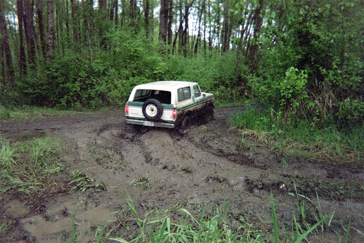 Green and white Ford Bronco with rear spare tire stuck in a rutted mud pit in the woods