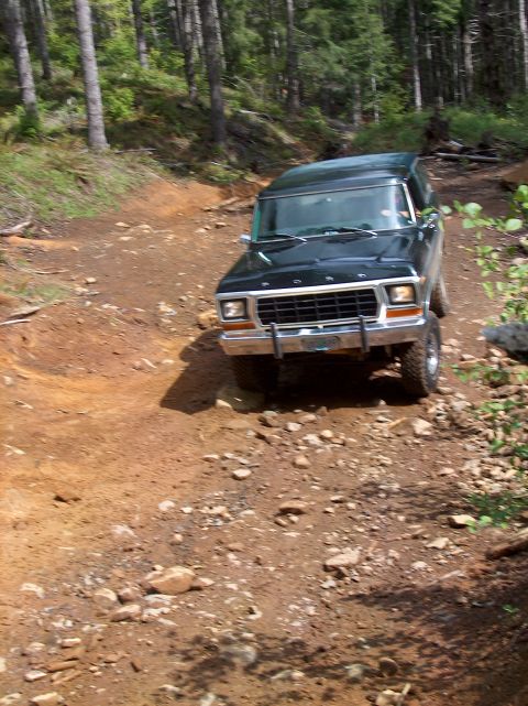 1978 Ford Bronco - 1978 Ford Bronco navigating a rough, wooded off-road path.