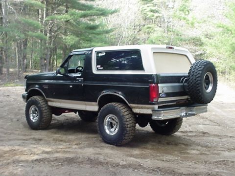 1993 Ford Bronco - This 1993 Ford Bronco is shown from a three-quarter rear view, its distinctive two-tone paint and external spare tire.